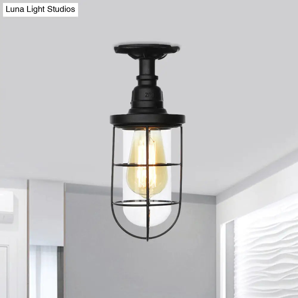 DecorBites™ DecorBites™ Semi Flushmount Antiqued Black Iron Ceiling Lamp with Clear Glass Shade