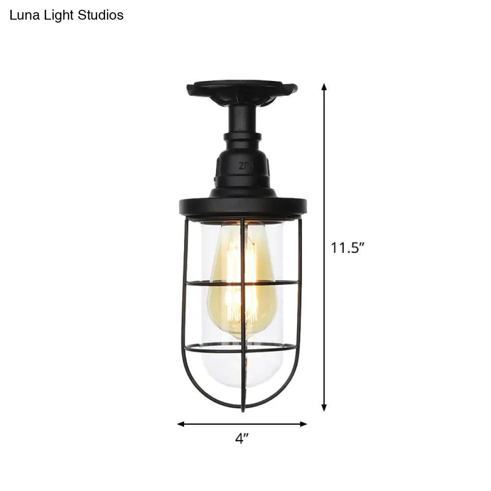 DecorBites™ DecorBites™ Semi Flushmount Antiqued Black Iron Ceiling Lamp with Clear Glass Shade