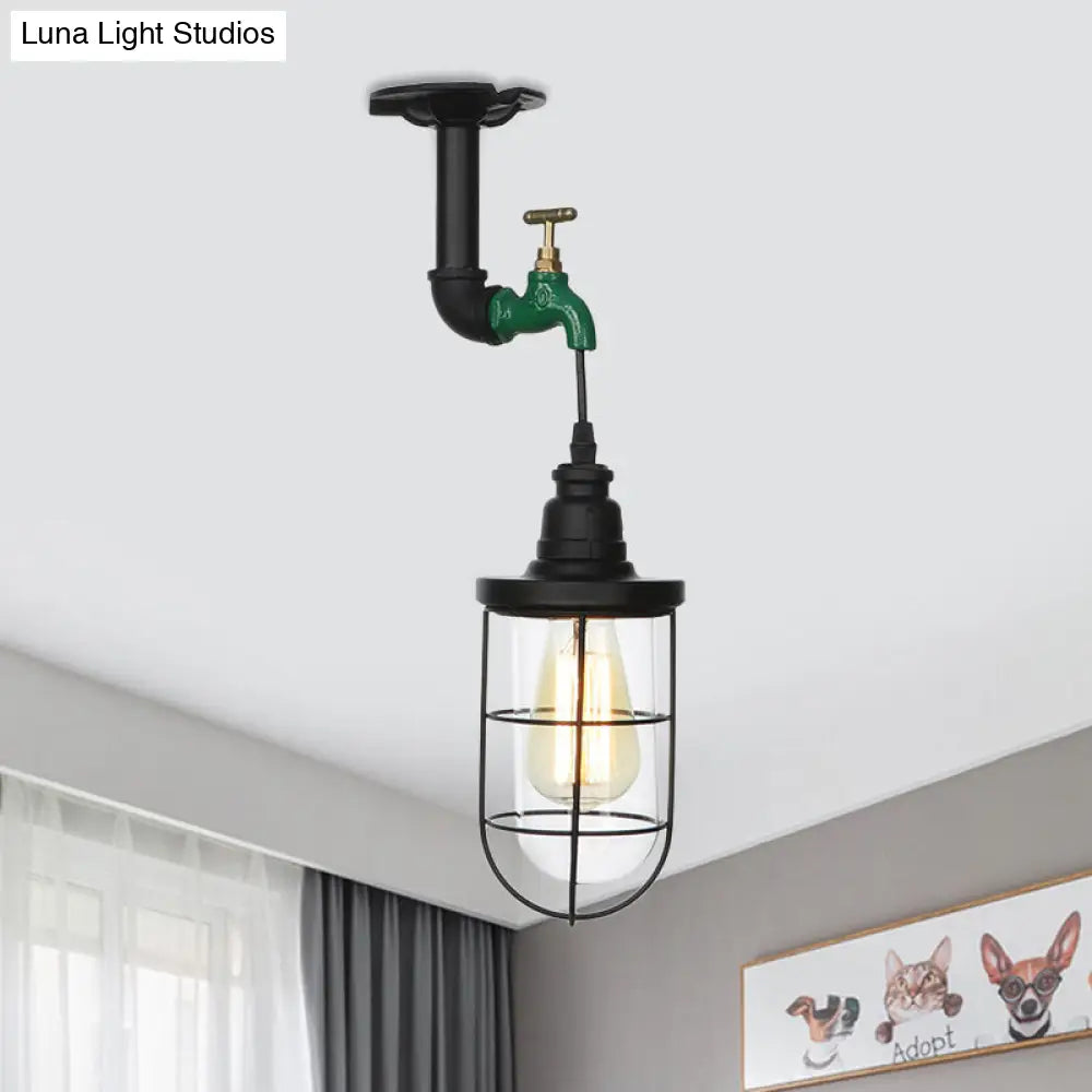 DecorBites™ DecorBites™ Semi Flushmount Antiqued Black Iron Ceiling Lamp with Clear Glass Shade