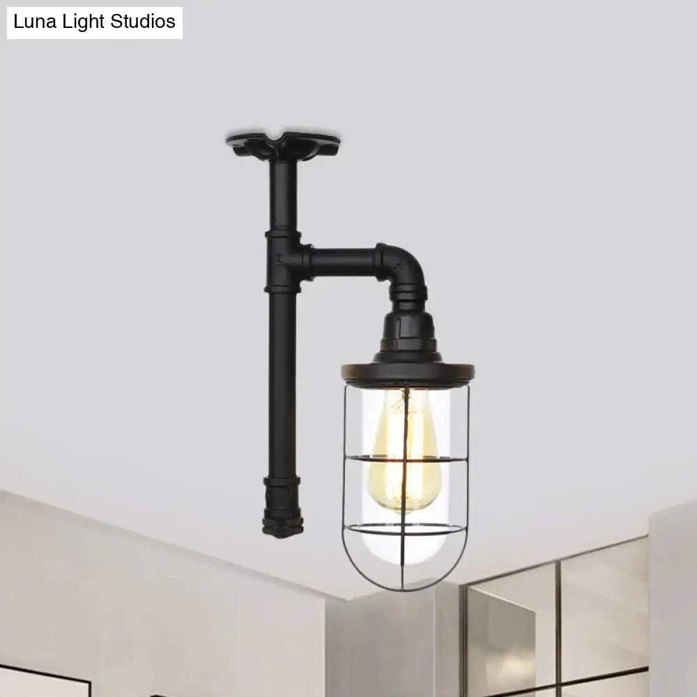 DecorBites™ DecorBites™ Semi Flushmount Antiqued Black Iron Ceiling Lamp with Clear Glass Shade