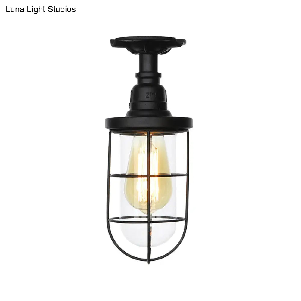 DecorBites™ DecorBites™ Semi Flushmount Antiqued Black Iron Ceiling Lamp with Clear Glass Shade