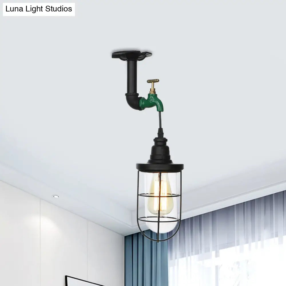 DecorBites™ DecorBites™ Semi Flushmount Antiqued Black Iron Ceiling Lamp with Clear Glass Shade