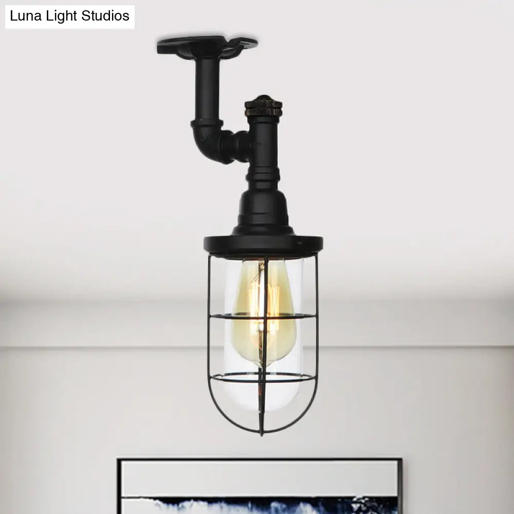 DecorBites™ DecorBites™ Semi Flushmount Antiqued Black Iron Ceiling Lamp with Clear Glass Shade