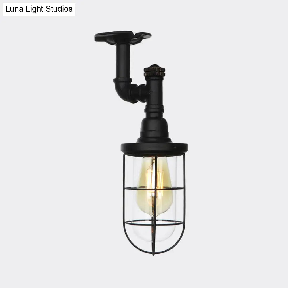DecorBites™ DecorBites™ Semi Flushmount Antiqued Black Iron Ceiling Lamp with Clear Glass Shade