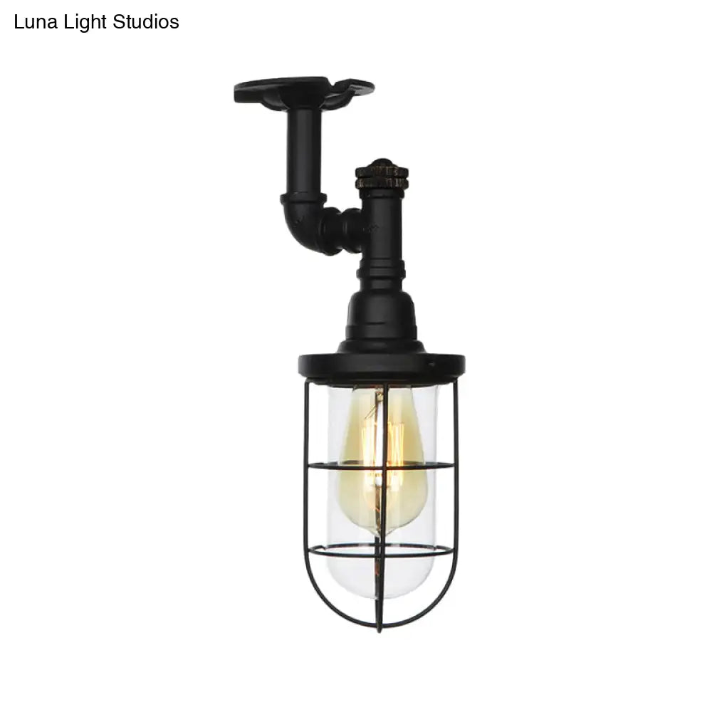 DecorBites™ DecorBites™ Semi Flushmount Antiqued Black Iron Ceiling Lamp with Clear Glass Shade