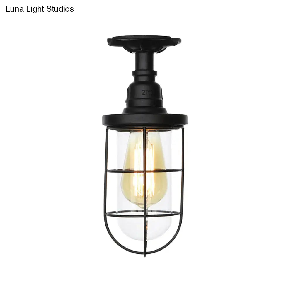 DecorBites™ DecorBites™ Semi Flushmount Antiqued Black Iron Ceiling Lamp with Clear Glass Shade
