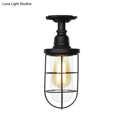 DecorBites™ DecorBites™ Semi Flushmount Antiqued Black Iron Ceiling Lamp with Clear Glass Shade