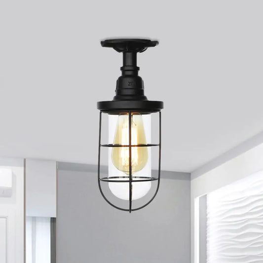 DecorBites™ DecorBites™ Semi Flushmount Antiqued Black Iron Ceiling Lamp with Clear Glass Shade