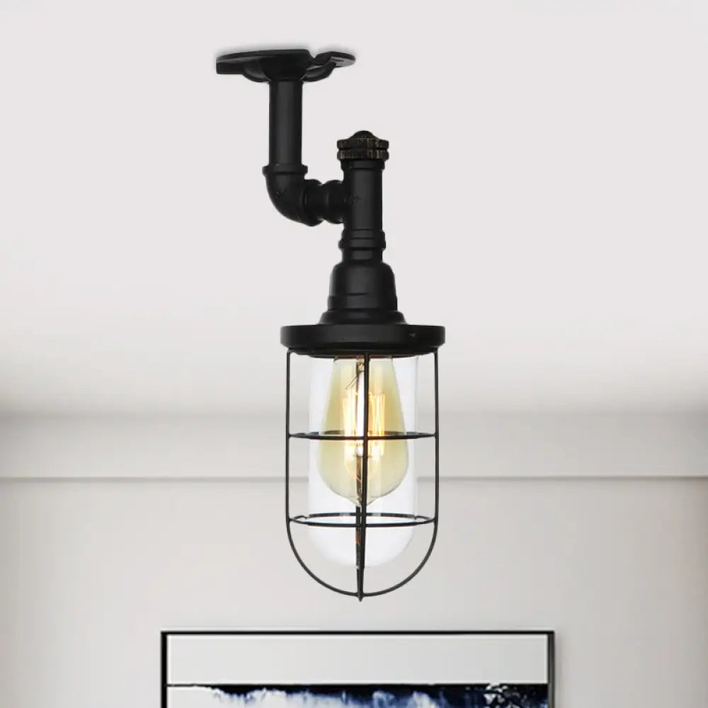 DecorBites™ DecorBites™ Semi Flushmount Antiqued Black Iron Ceiling Lamp with Clear Glass Shade