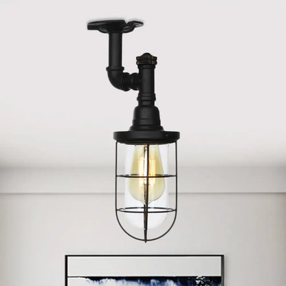DecorBites™ DecorBites™ Semi Flushmount Antiqued Black Iron Ceiling Lamp with Clear Glass Shade