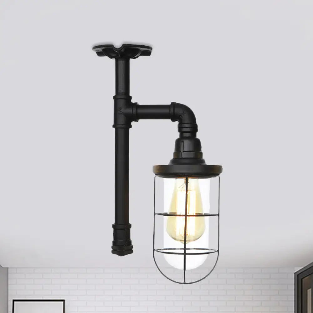 DecorBites™ DecorBites™ Semi Flushmount Antiqued Black Iron Ceiling Lamp with Clear Glass Shade