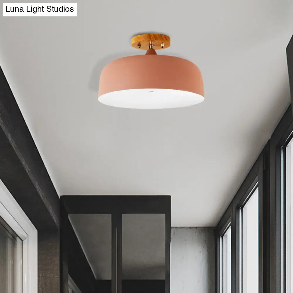 DecorBites™ DecorBites™ Semi-Flushmount Ceiling Light: 1-Light Gray w/ White, Pink, & Green Drum Lampshade - Simple & Stylish Flush Mount