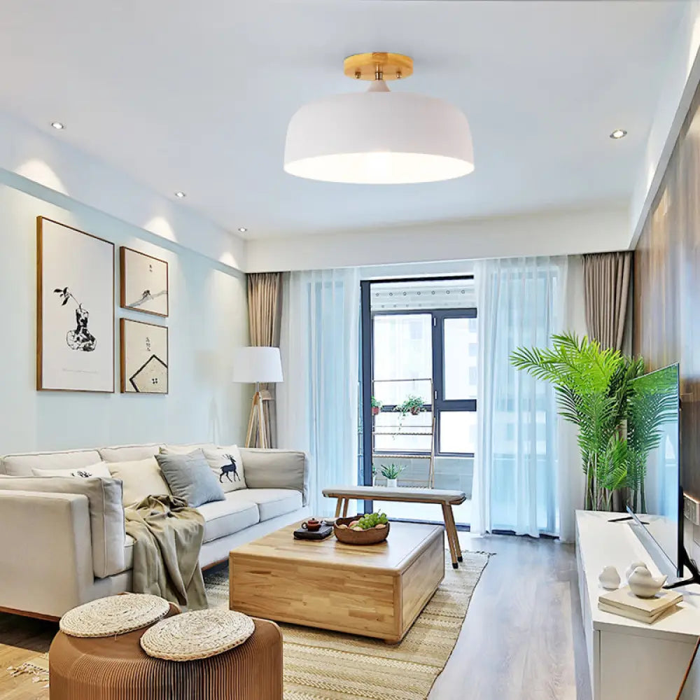 DecorBites™ DecorBites™ Semi-Flushmount Ceiling Light: 1-Light Gray w/ White, Pink, & Green Drum Lampshade - Simple & Stylish Flush Mount