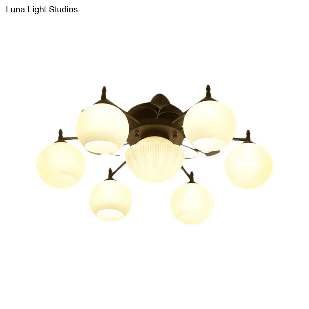 Semi Mount Bubble Shade Living Room Ceiling Light - Traditional White Glass with 5/7 Lights - Black