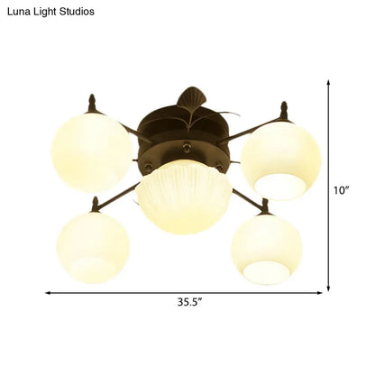 Semi Mount Bubble Shade Living Room Ceiling Light - Traditional White Glass with 5/7 Lights - Black