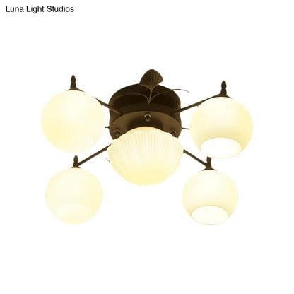 Semi Mount Bubble Shade Living Room Ceiling Light - Traditional White Glass with 5/7 Lights - Black