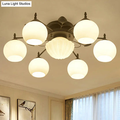 Semi Mount Bubble Shade Living Room Ceiling Light - Traditional White Glass with 5/7 Lights - Black