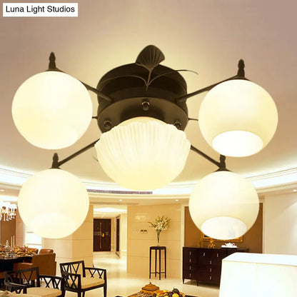 Semi Mount Bubble Shade Living Room Ceiling Light - Traditional White Glass with 5/7 Lights - Black