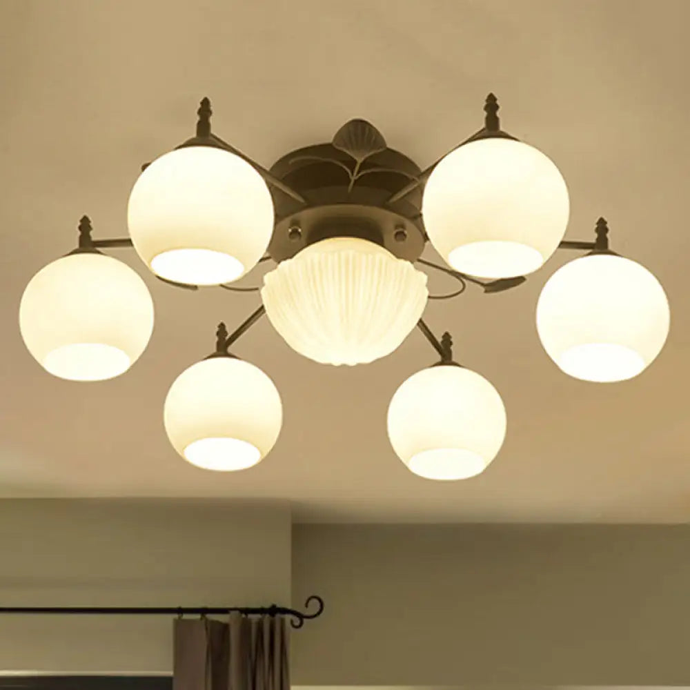 Semi Mount Bubble Shade Living Room Ceiling Light - Traditional White Glass with 5/7 Lights - Black