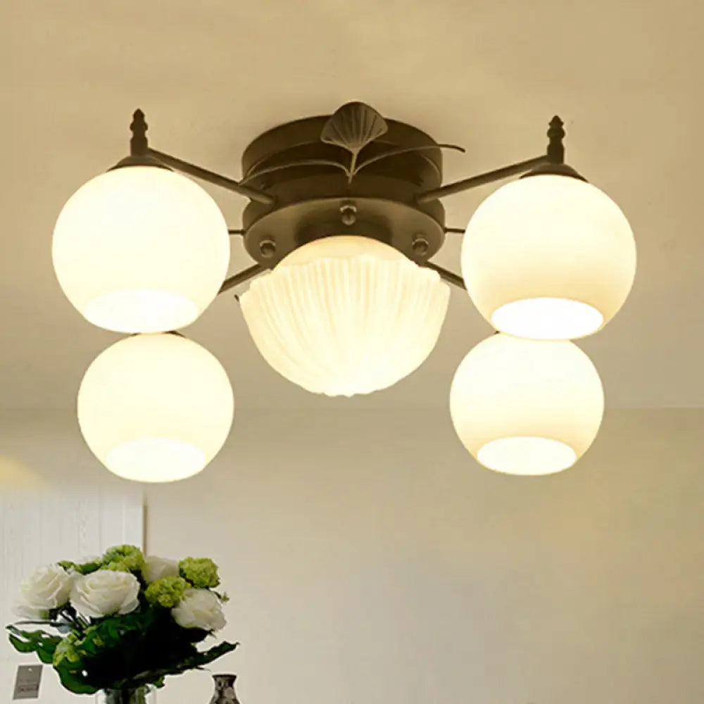 Semi Mount Bubble Shade Living Room Ceiling Light - Traditional White Glass with 5/7 Lights - Black