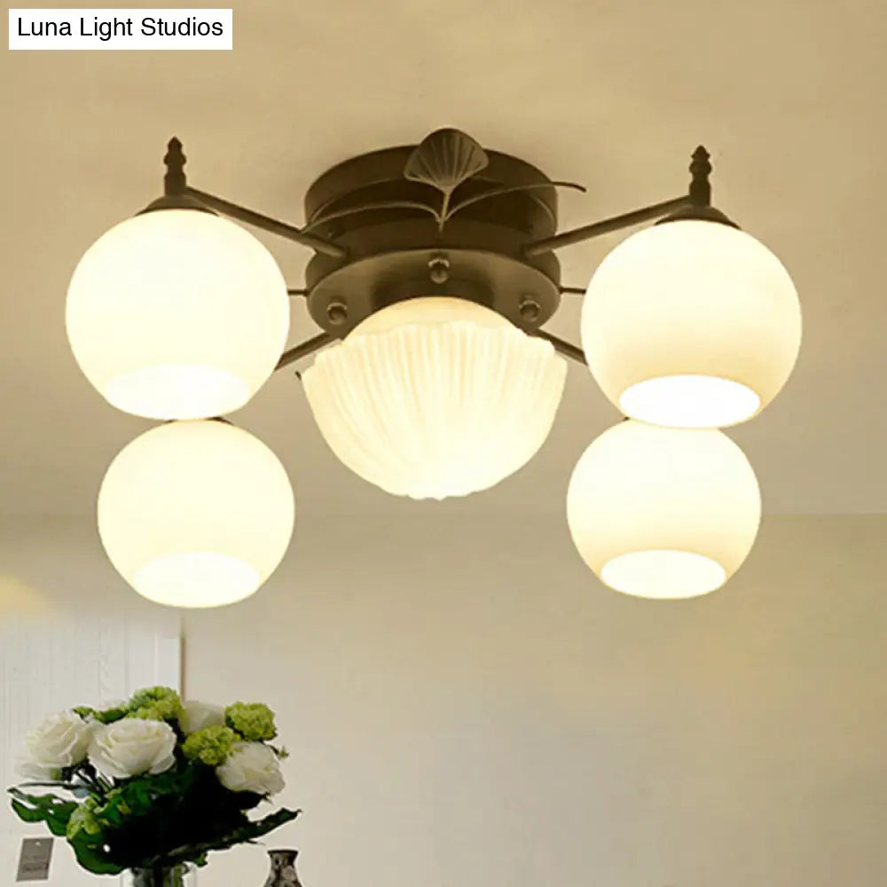 Semi Mount Bubble Shade Living Room Ceiling Light - Traditional White Glass with 5/7 Lights - Black