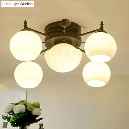 Semi Mount Bubble Shade Living Room Ceiling Light - Traditional White Glass with 5/7 Lights - Black