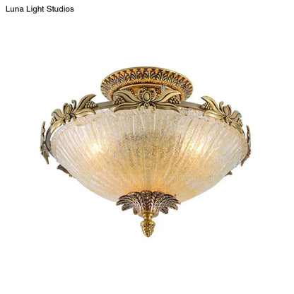 DecorBites™ DecorBites™ Semi Mount Lighting in Brass with Antiqued Bowl Shaped Flush Light and Clear Variegated Glass