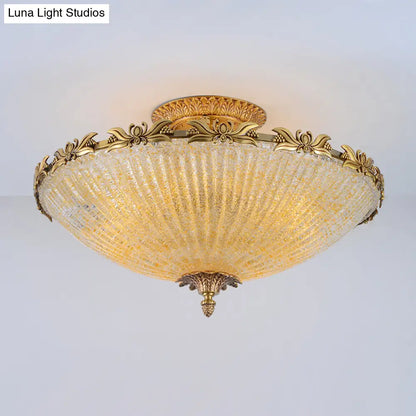 DecorBites™ DecorBites™ Semi Mount Lighting in Brass with Antiqued Bowl Shaped Flush Light and Clear Variegated Glass
