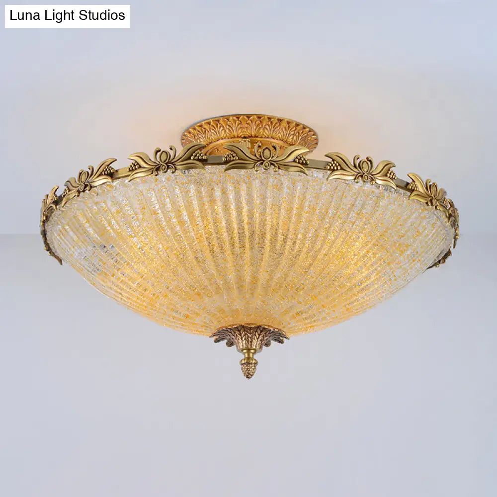 DecorBites™ DecorBites™ Semi Mount Lighting in Brass with Antiqued Bowl Shaped Flush Light and Clear Variegated Glass