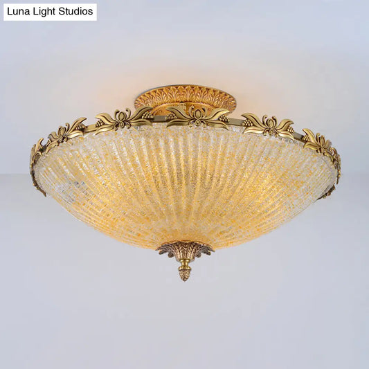 DecorBites™ DecorBites™ Semi Mount Lighting in Brass with Antiqued Bowl Shaped Flush Light and Clear Variegated Glass