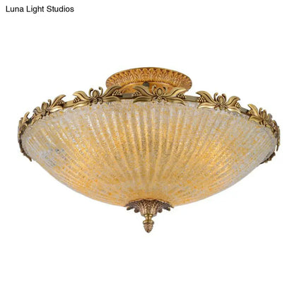 DecorBites™ DecorBites™ Semi Mount Lighting in Brass with Antiqued Bowl Shaped Flush Light and Clear Variegated Glass