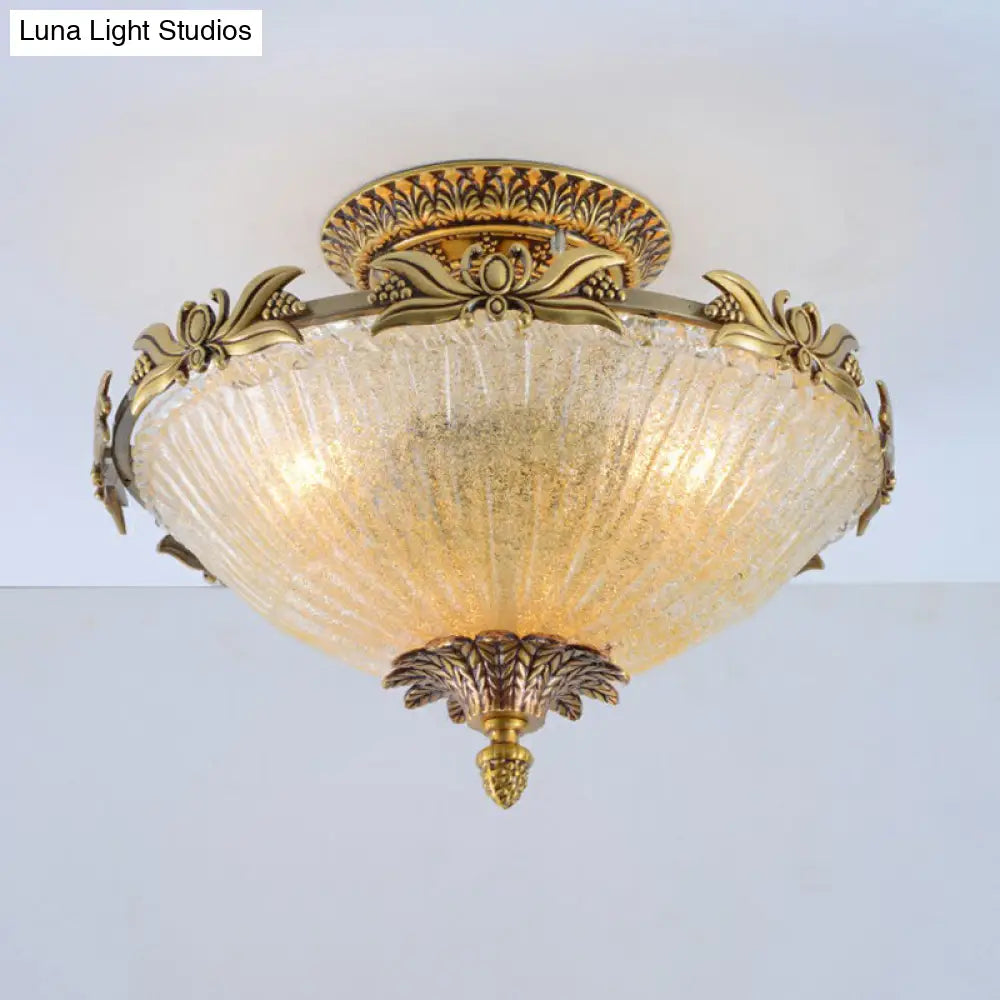 DecorBites™ DecorBites™ Semi Mount Lighting in Brass with Antiqued Bowl Shaped Flush Light and Clear Variegated Glass