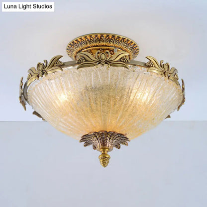 DecorBites™ DecorBites™ Semi Mount Lighting in Brass with Antiqued Bowl Shaped Flush Light and Clear Variegated Glass