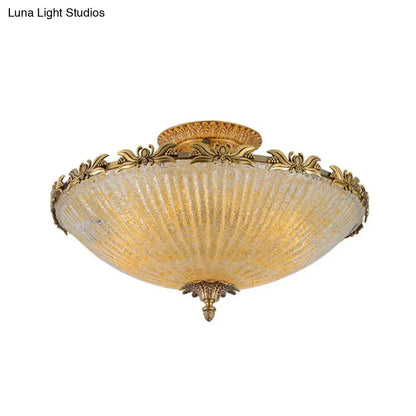 DecorBites™ DecorBites™ Semi Mount Lighting in Brass with Antiqued Bowl Shaped Flush Light and Clear Variegated Glass
