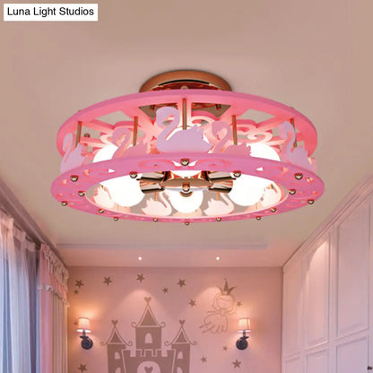 DecorBites™ DecorBites™ Semi Mount Pink Flush Light Fixture - Metal Drum Design with Bird/Angel Decoration, Ideal for Kids Room - 6 lights