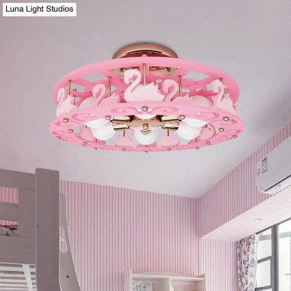 DecorBites™ DecorBites™ Semi Mount Pink Flush Light Fixture - Metal Drum Design with Bird/Angel Decoration, Ideal for Kids Room - 6 lights
