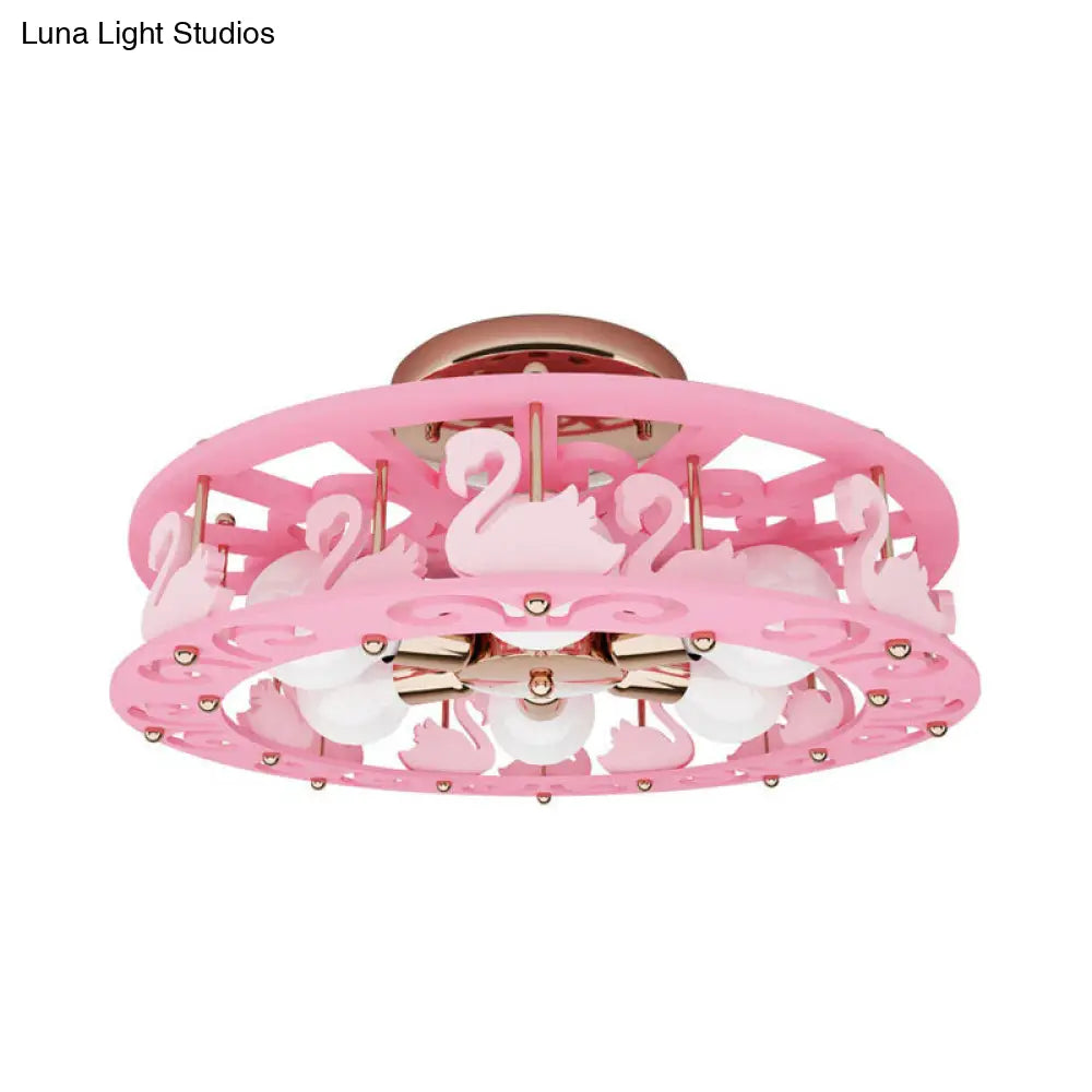DecorBites™ DecorBites™ Semi Mount Pink Flush Light Fixture - Metal Drum Design with Bird/Angel Decoration, Ideal for Kids Room - 6 lights