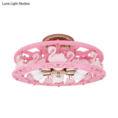 DecorBites™ DecorBites™ Semi Mount Pink Flush Light Fixture - Metal Drum Design with Bird/Angel Decoration, Ideal for Kids Room - 6 lights