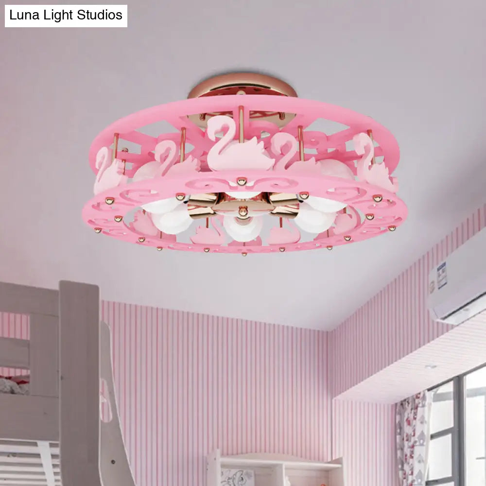 DecorBites™ DecorBites™ Semi Mount Pink Flush Light Fixture - Metal Drum Design with Bird/Angel Decoration, Ideal for Kids Room - 6 lights