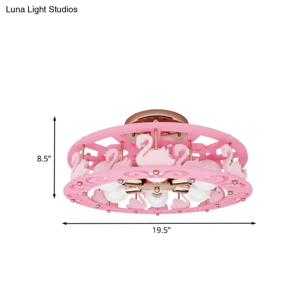 DecorBites™ DecorBites™ Semi Mount Pink Flush Light Fixture - Metal Drum Design with Bird/Angel Decoration, Ideal for Kids Room - 6 lights
