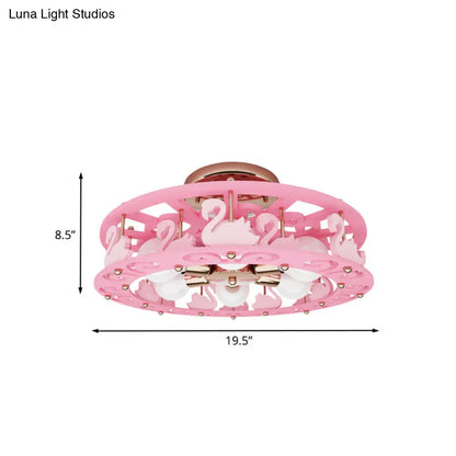 DecorBites™ DecorBites™ Semi Mount Pink Flush Light Fixture - Metal Drum Design with Bird/Angel Decoration, Ideal for Kids Room - 6 lights