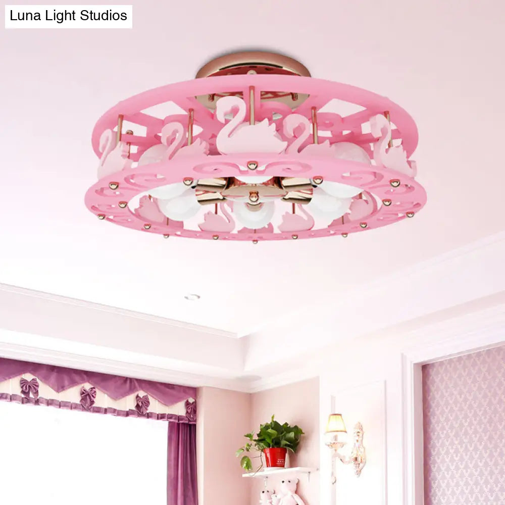 DecorBites™ DecorBites™ Semi Mount Pink Flush Light Fixture - Metal Drum Design with Bird/Angel Decoration, Ideal for Kids Room - 6 lights