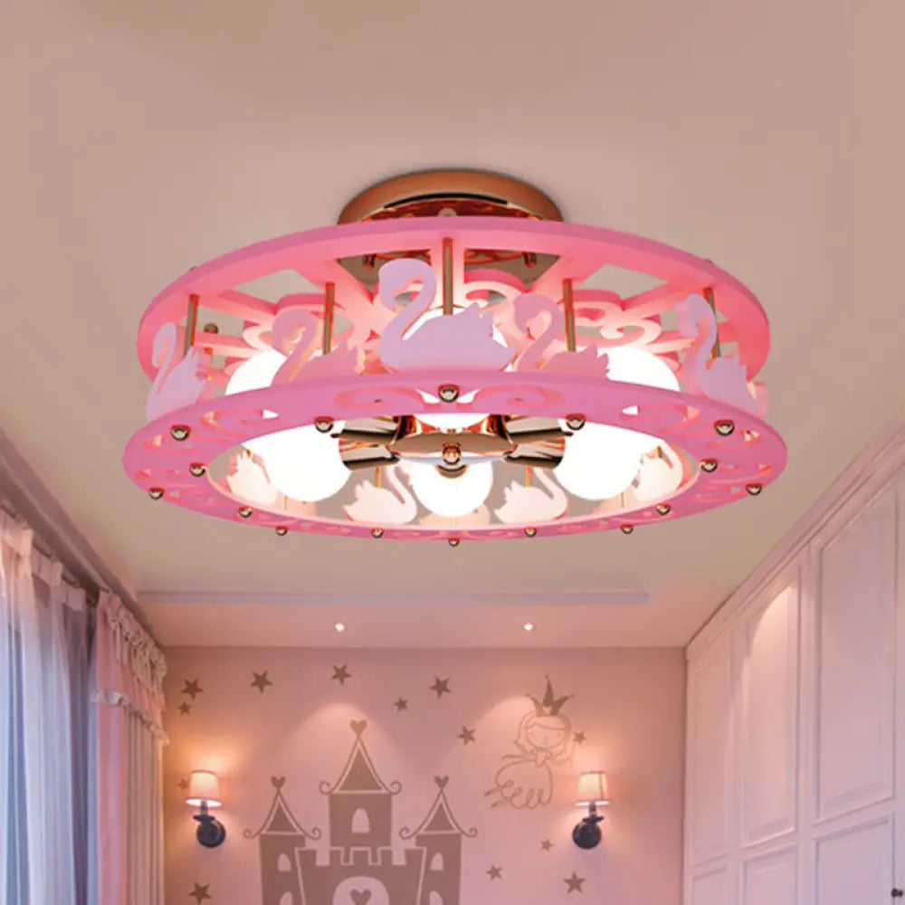 DecorBites™ DecorBites™ Semi Mount Pink Flush Light Fixture - Metal Drum Design with Bird/Angel Decoration, Ideal for Kids Room - 6 lights