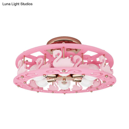 DecorBites™ DecorBites™ Semi Mount Pink Flush Light Fixture - Metal Drum Design with Bird/Angel Decoration, Ideal for Kids Room - 6 lights