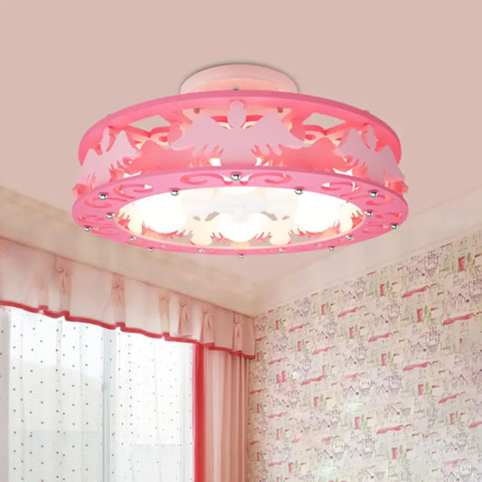 DecorBites™ DecorBites™ Semi Mount Pink Flush Light Fixture - Metal Drum Design with Bird/Angel Decoration, Ideal for Kids Room - 6 lights