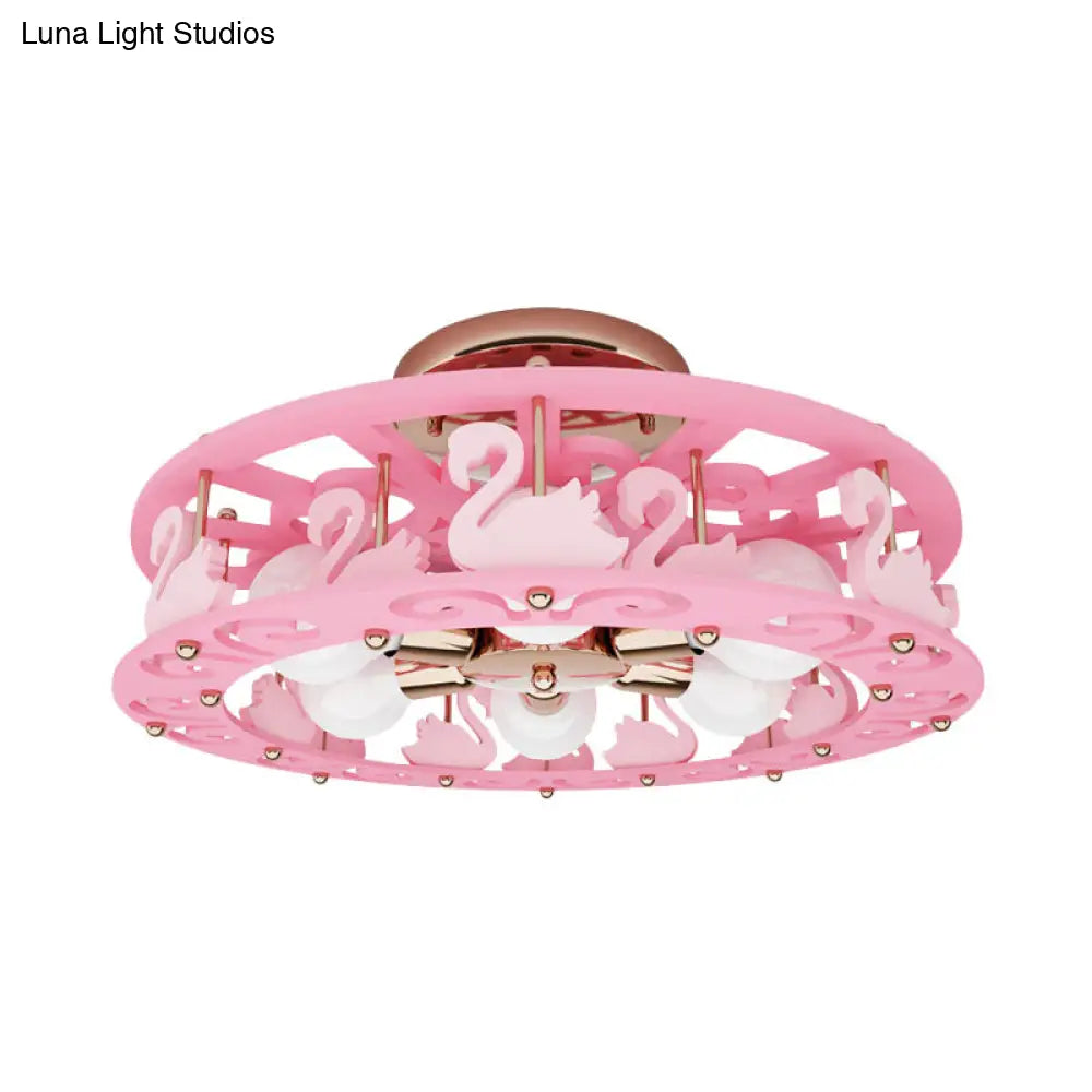 DecorBites™ DecorBites™ Semi Mount Pink Flush Light Fixture - Metal Drum Design with Bird/Angel Decoration, Ideal for Kids Room - 6 lights