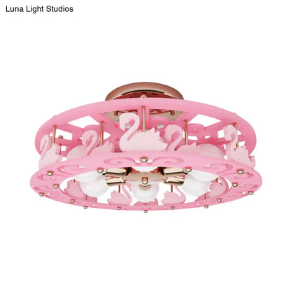 DecorBites™ DecorBites™ Semi Mount Pink Flush Light Fixture - Metal Drum Design with Bird/Angel Decoration, Ideal for Kids Room - 6 lights