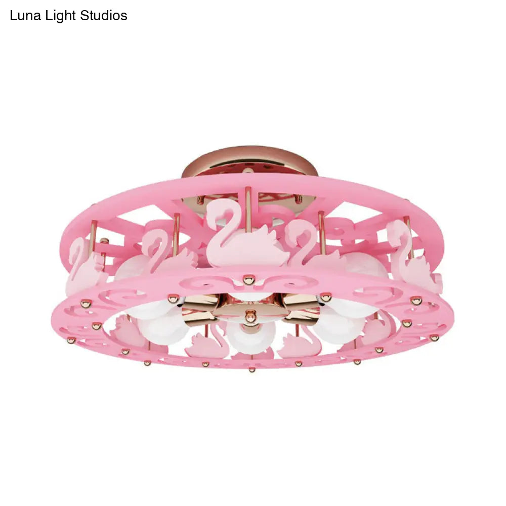 DecorBites™ DecorBites™ Semi Mount Pink Flush Light Fixture - Metal Drum Design with Bird/Angel Decoration, Ideal for Kids Room - 6 lights