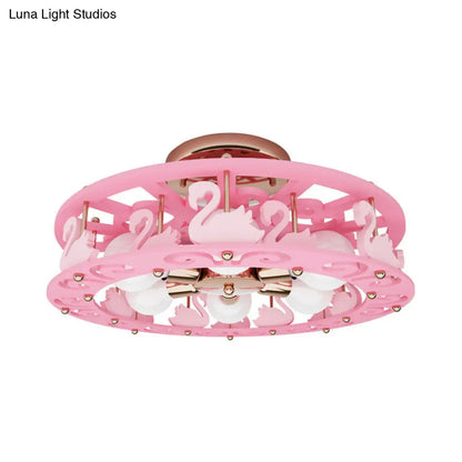 DecorBites™ DecorBites™ Semi Mount Pink Flush Light Fixture - Metal Drum Design with Bird/Angel Decoration, Ideal for Kids Room - 6 lights