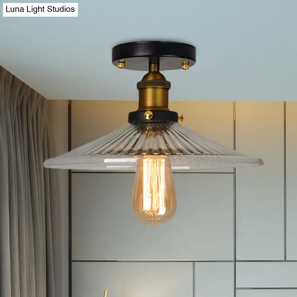 DecorBites™ DecorBites™ Semi Mount Ribbed Glass Cone Ceiling Light in Black/Brass/Copper - Industrial Style for Living Room - 1 Bulb